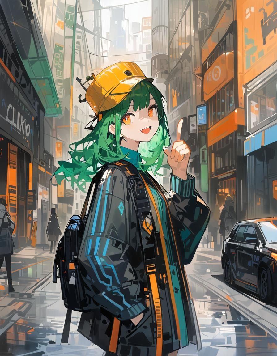 Girl in Street Fashion with Green Hair