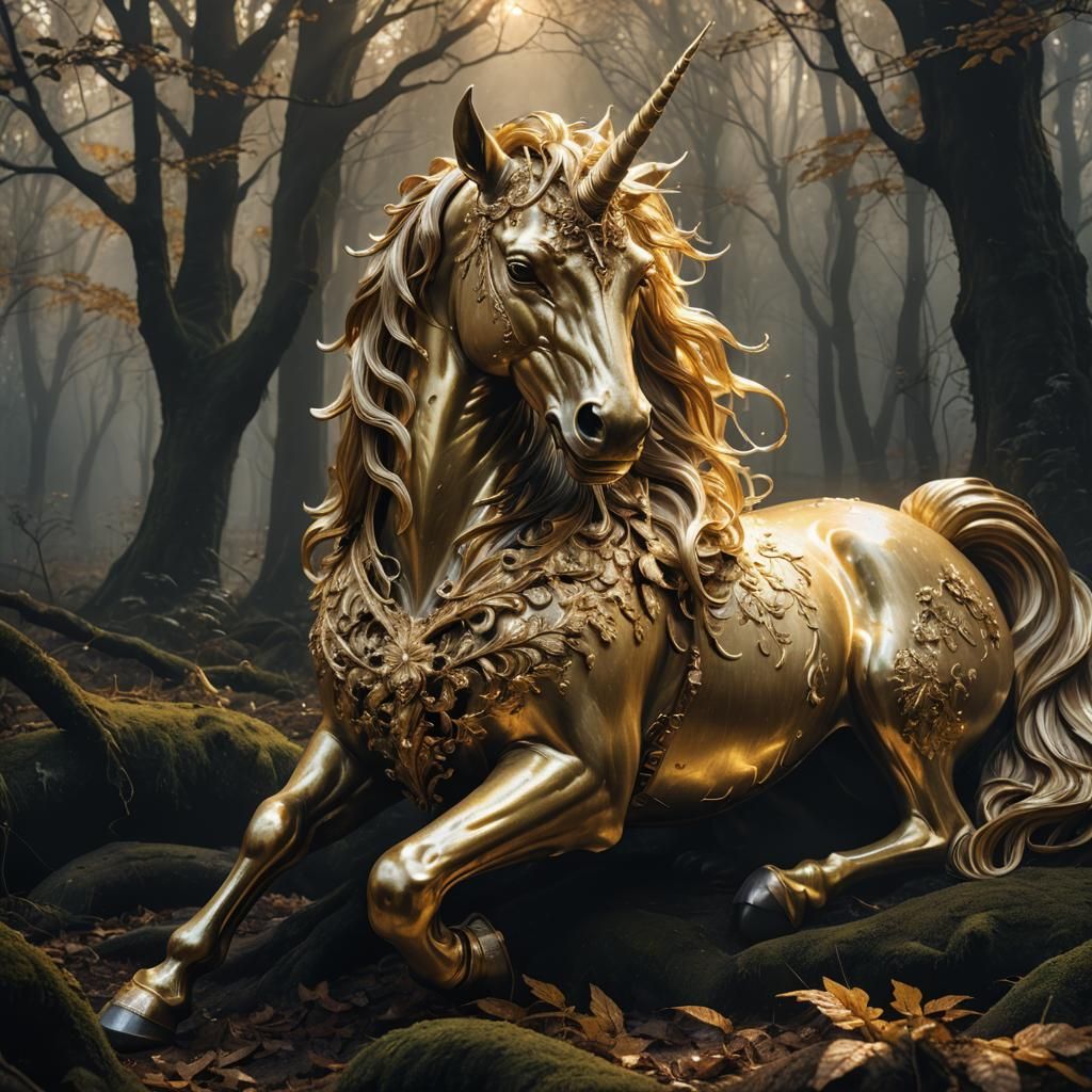 Gold Unicorn in Dark Forest: Baroque Fantasy Art