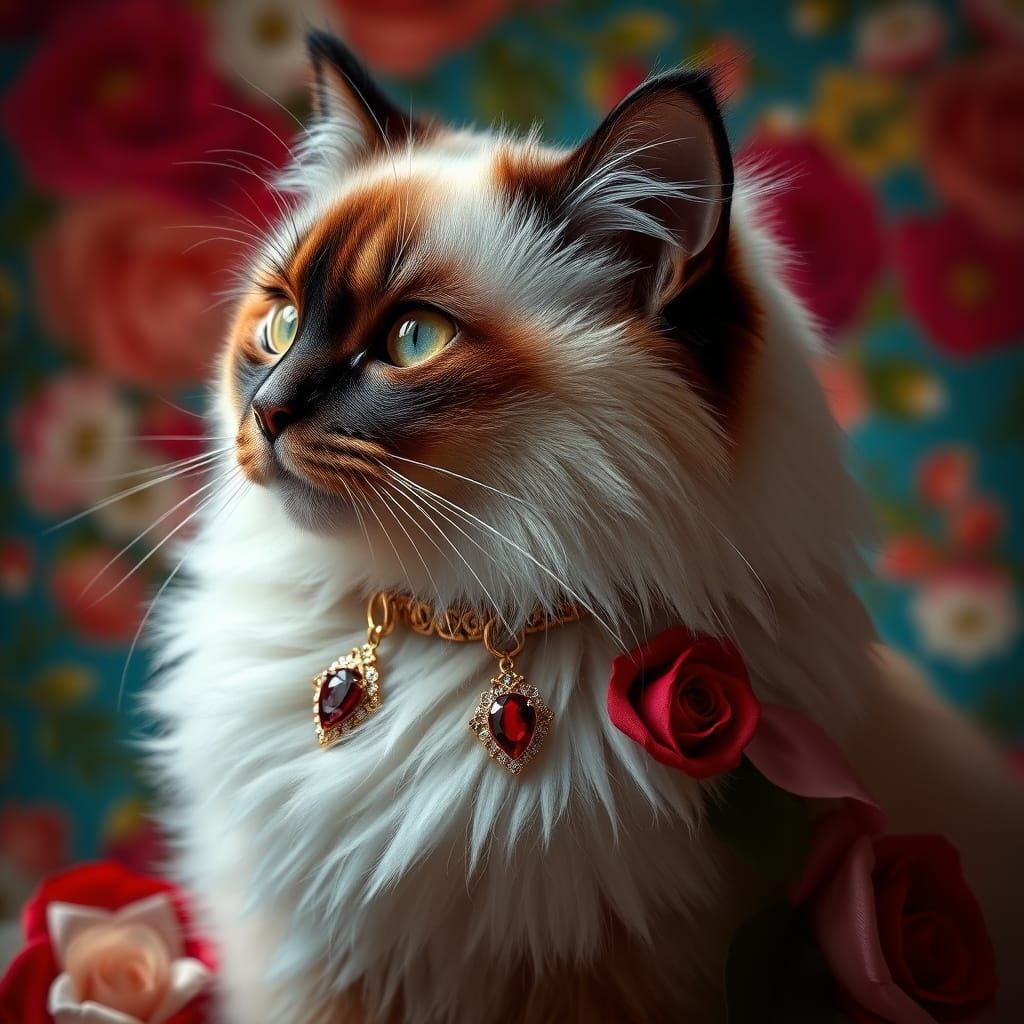 Regal Ragdoll Cat Adorned with Roses and Ruby Engagement Rin...