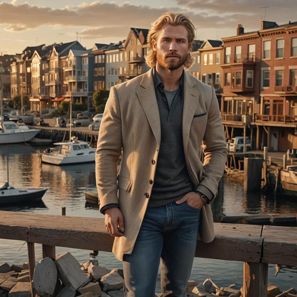 Man Overlooking Harbor at Dusk in Digital Matte Painting