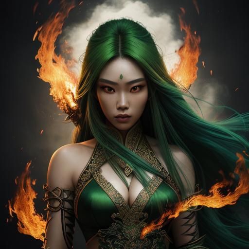 Asian Sorceress Casting Fire Magic in HDR