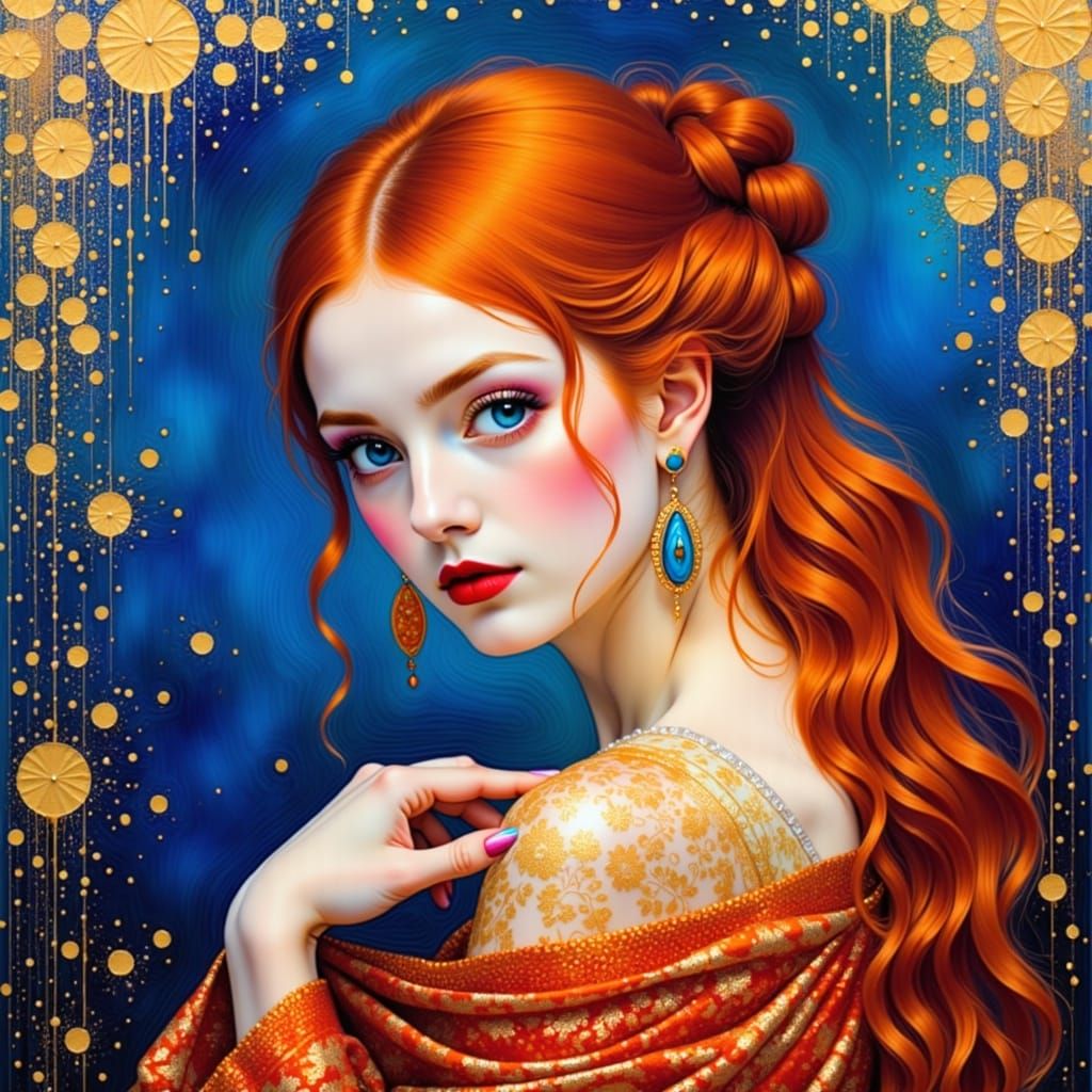 Klimt Style Portrait of a Gypsy Woman with Red Hair