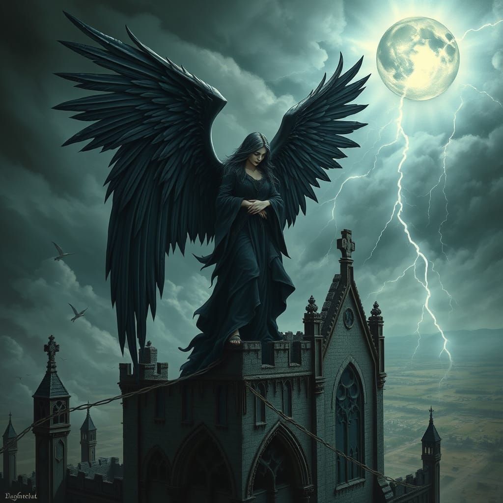 Dark Angel Overlooking Wasteland in Surrealist Style