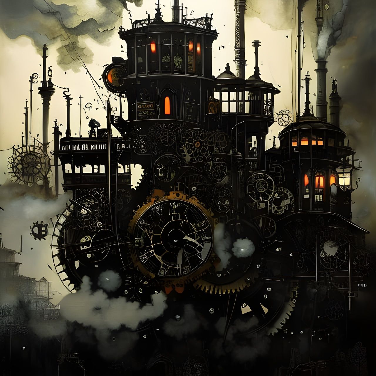 Steampunk Time Machine in Gear-Filled City