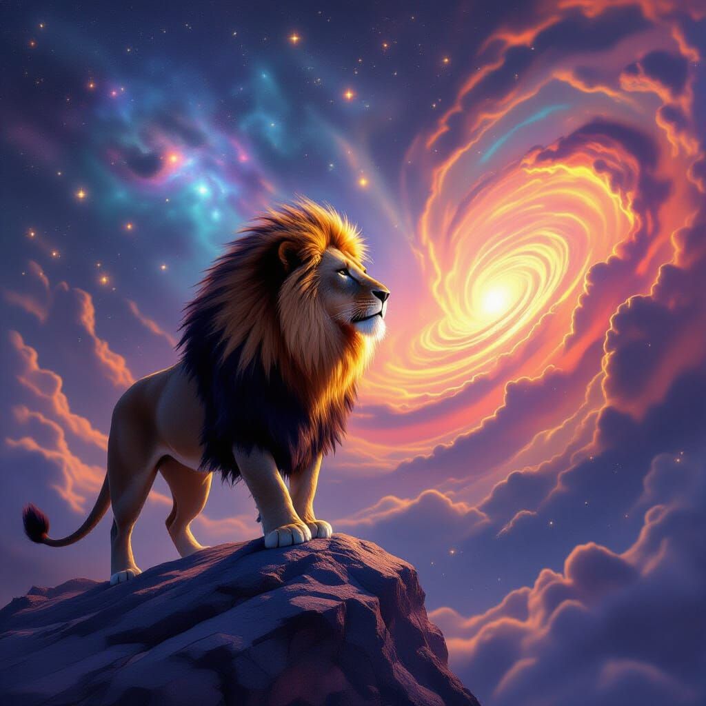 Cosmic Lion on Crystalline Asteroid in Nebula Mane