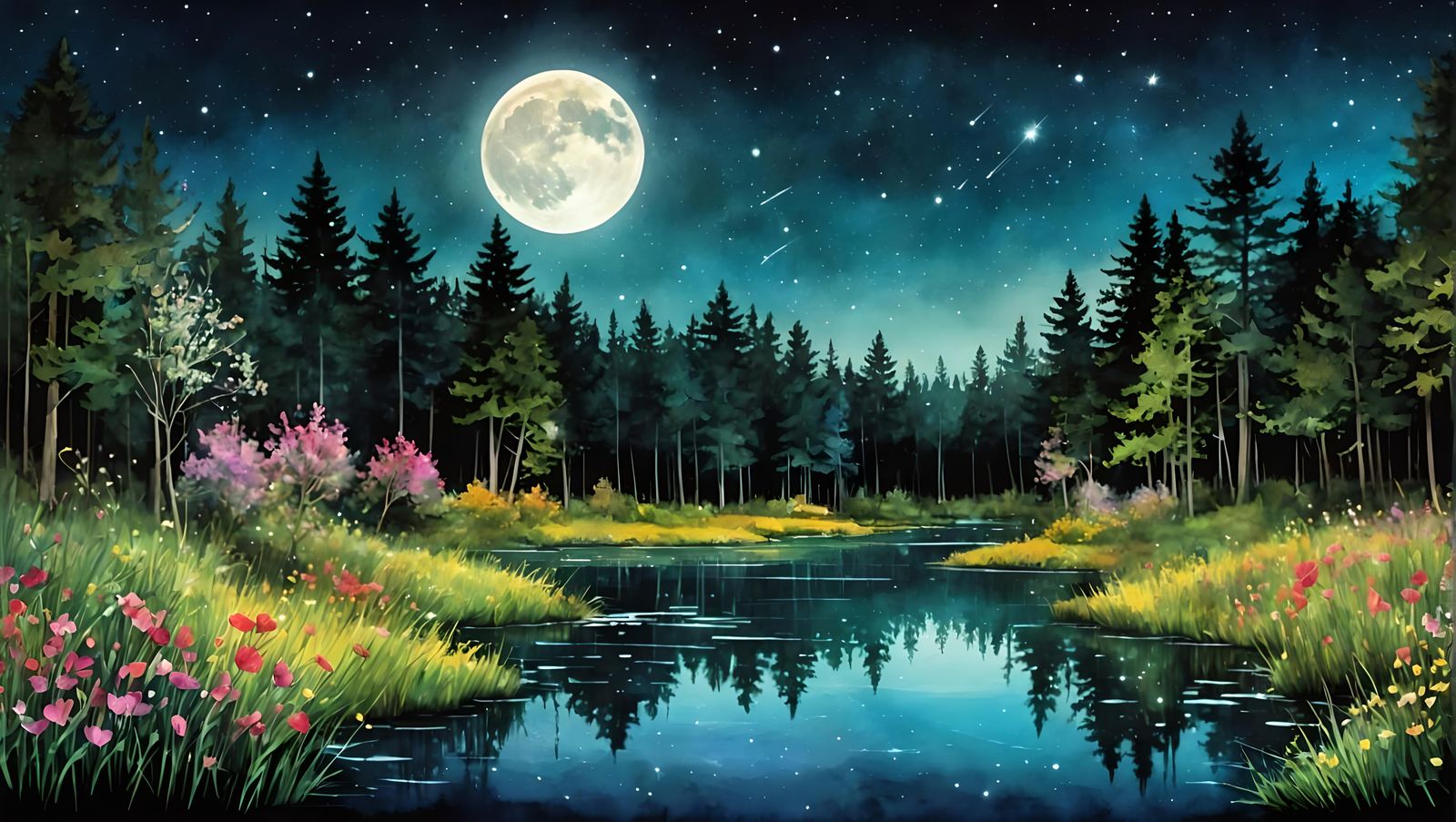 Moonlit Meadow Fantasy in Watercolor Style