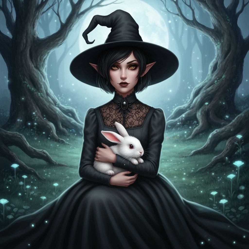 Elegant Witch and Rabbit in Moonlit Enchanted Forest