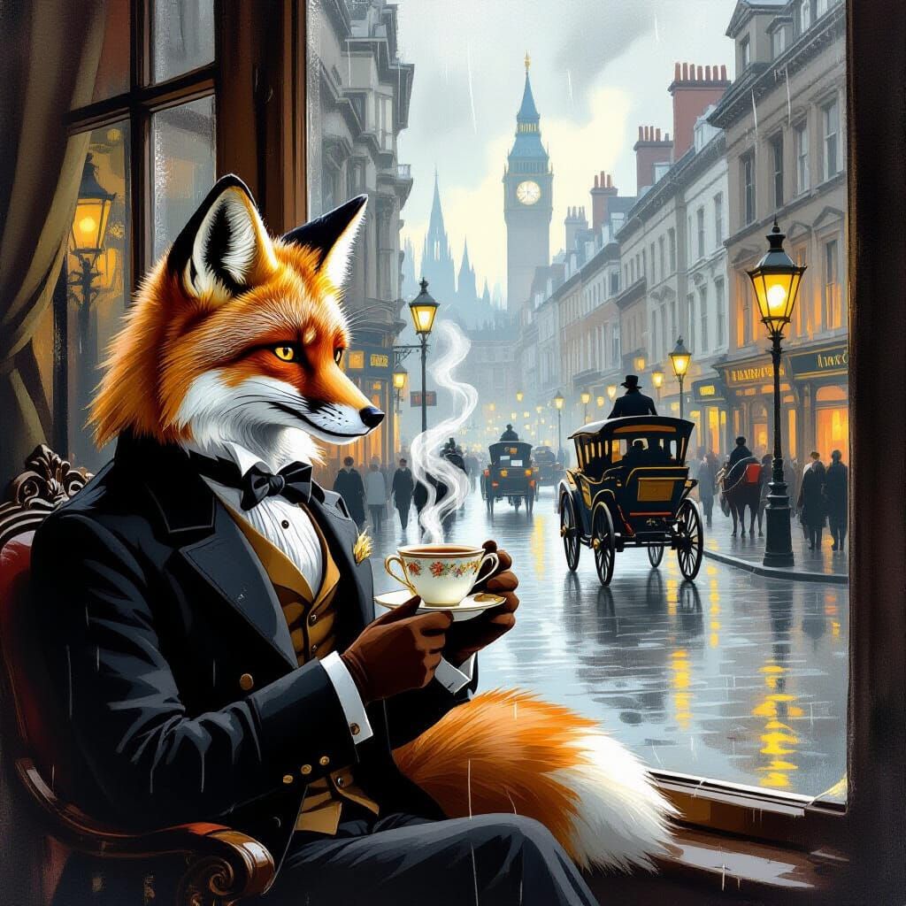 Victorian Fox Enjoys Tea Overlooking Rainy London