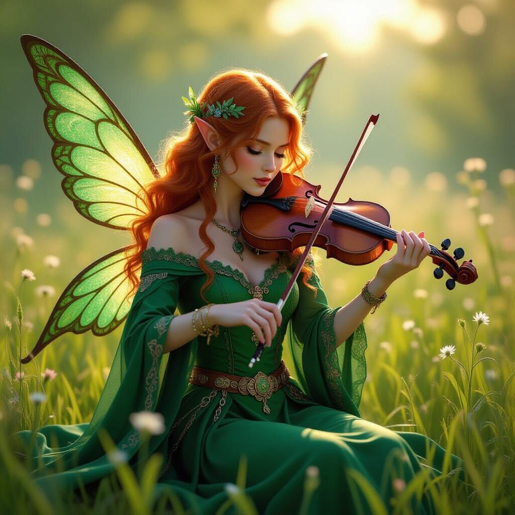Irish Fairy Plays Violin in Sunlit Meadow
