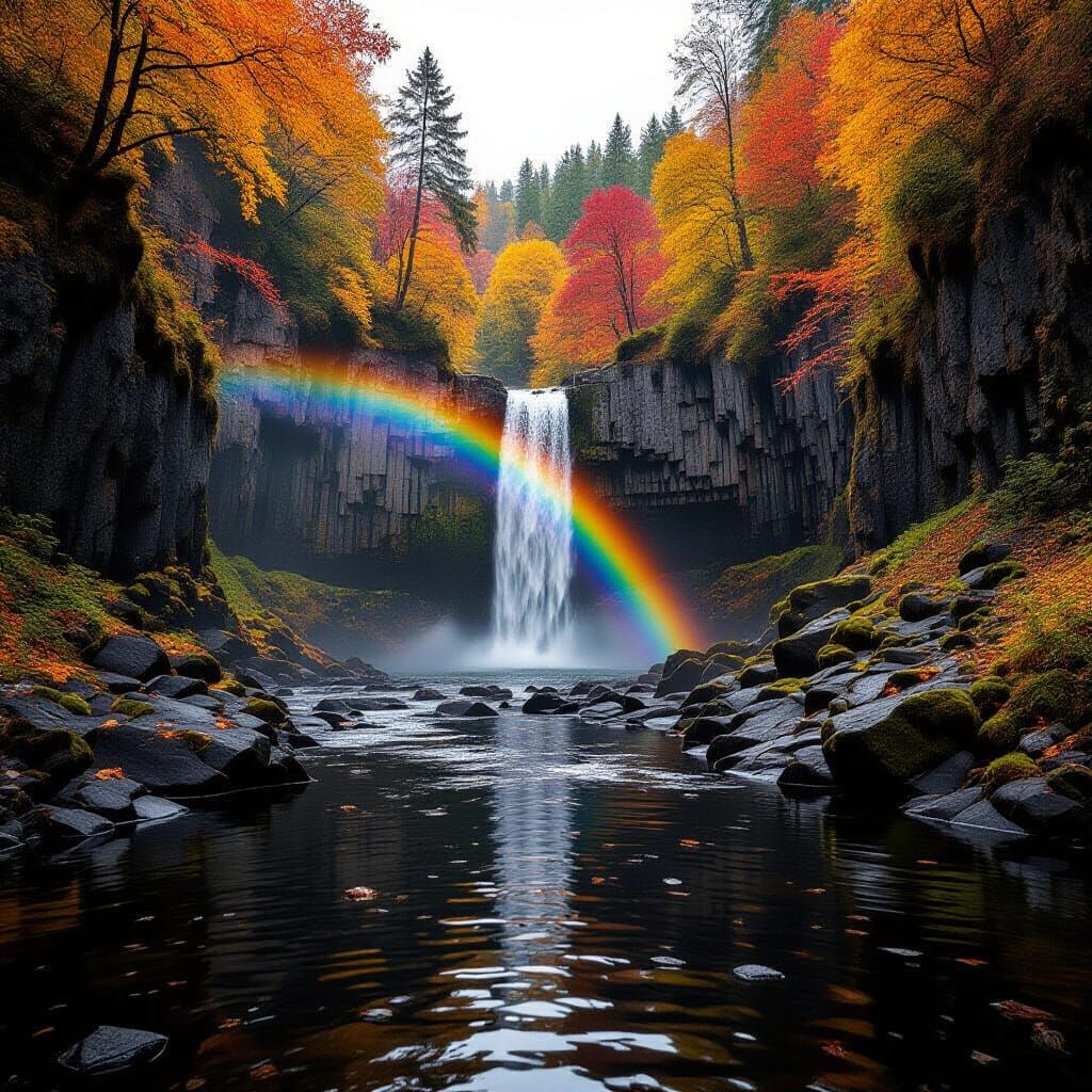 Autumn Gorge Waterfall with Rainbow and Morning Fog