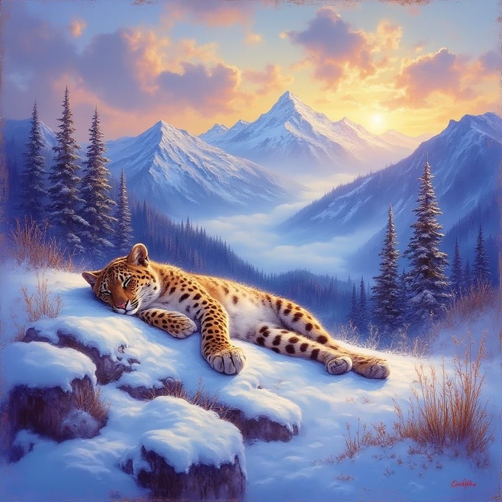 Snow Leopard in Winter Wonderland Scene