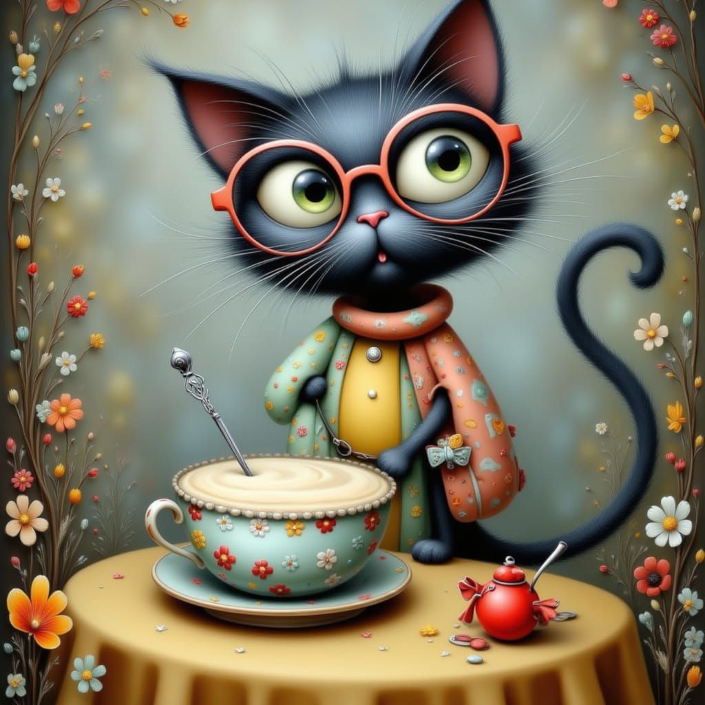 Cat and Cream in Bright Abstract Style