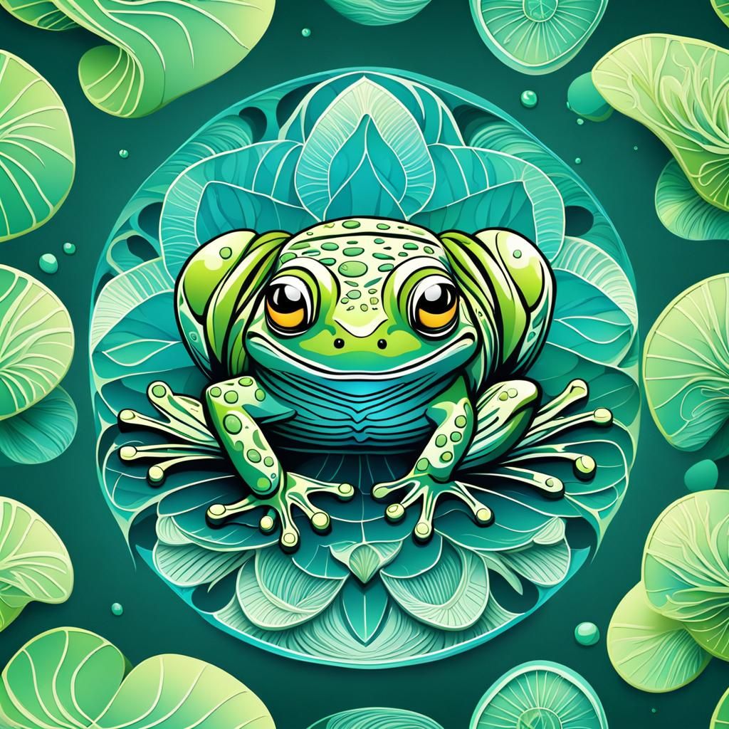 Cute Frog on Lily Pad with Abstract Fractal Design