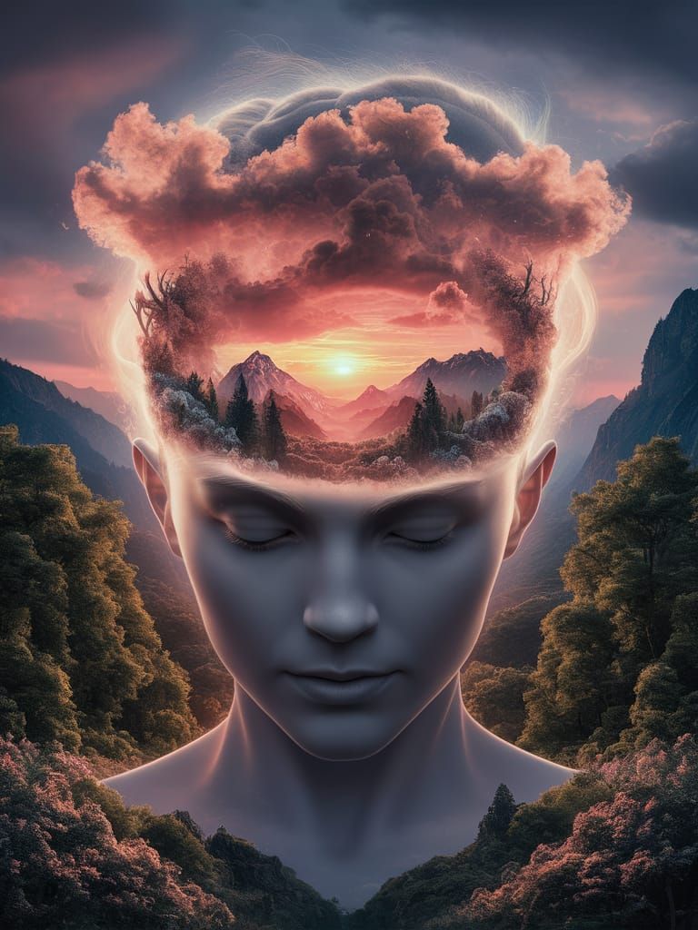Nature Mind: Double Exposure Human Head with Landscape