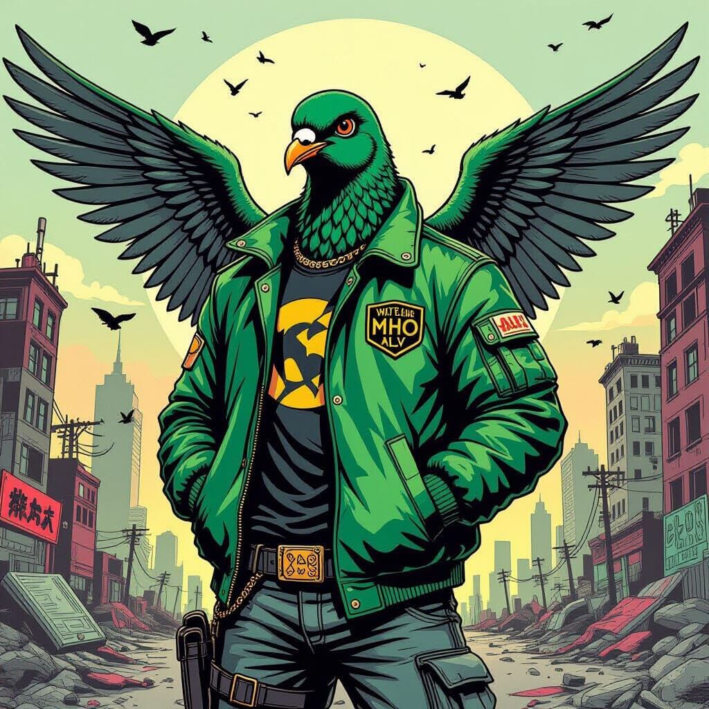 Anamorphic Pigeon in Zombie City, 80s Cartoon Style