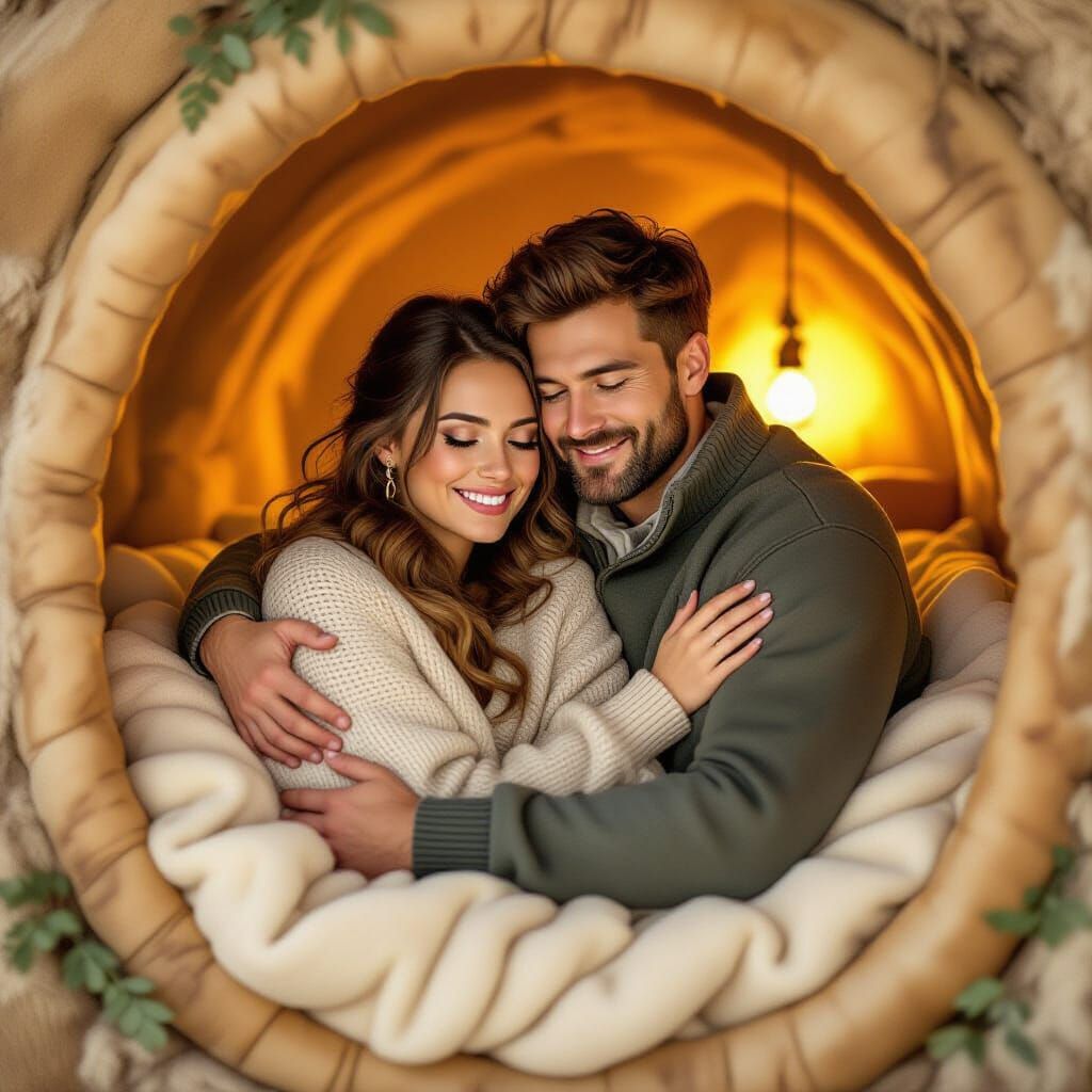 Cozy Couple Snuggling in Whimsical Cuddle Cave