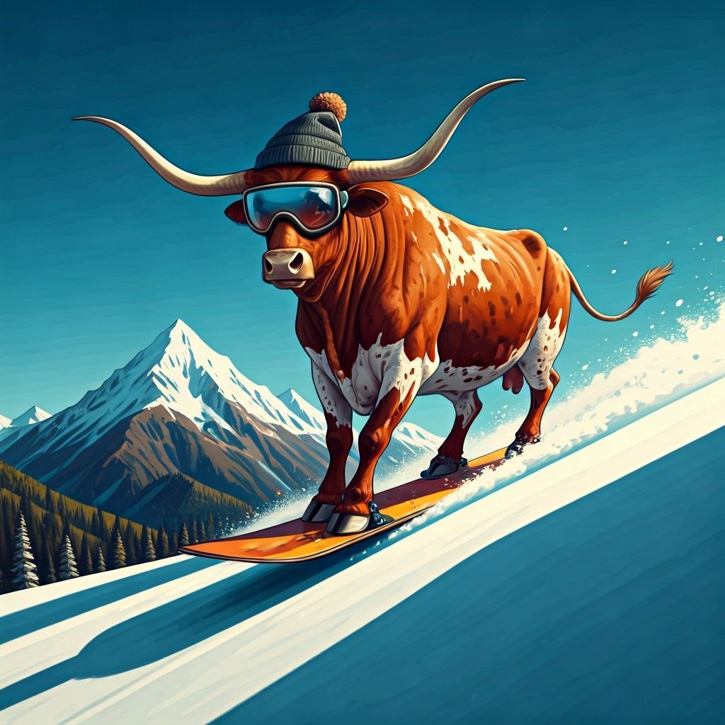 Texas Longhorn Snowboarding Down Mountain in Digital Paintin...