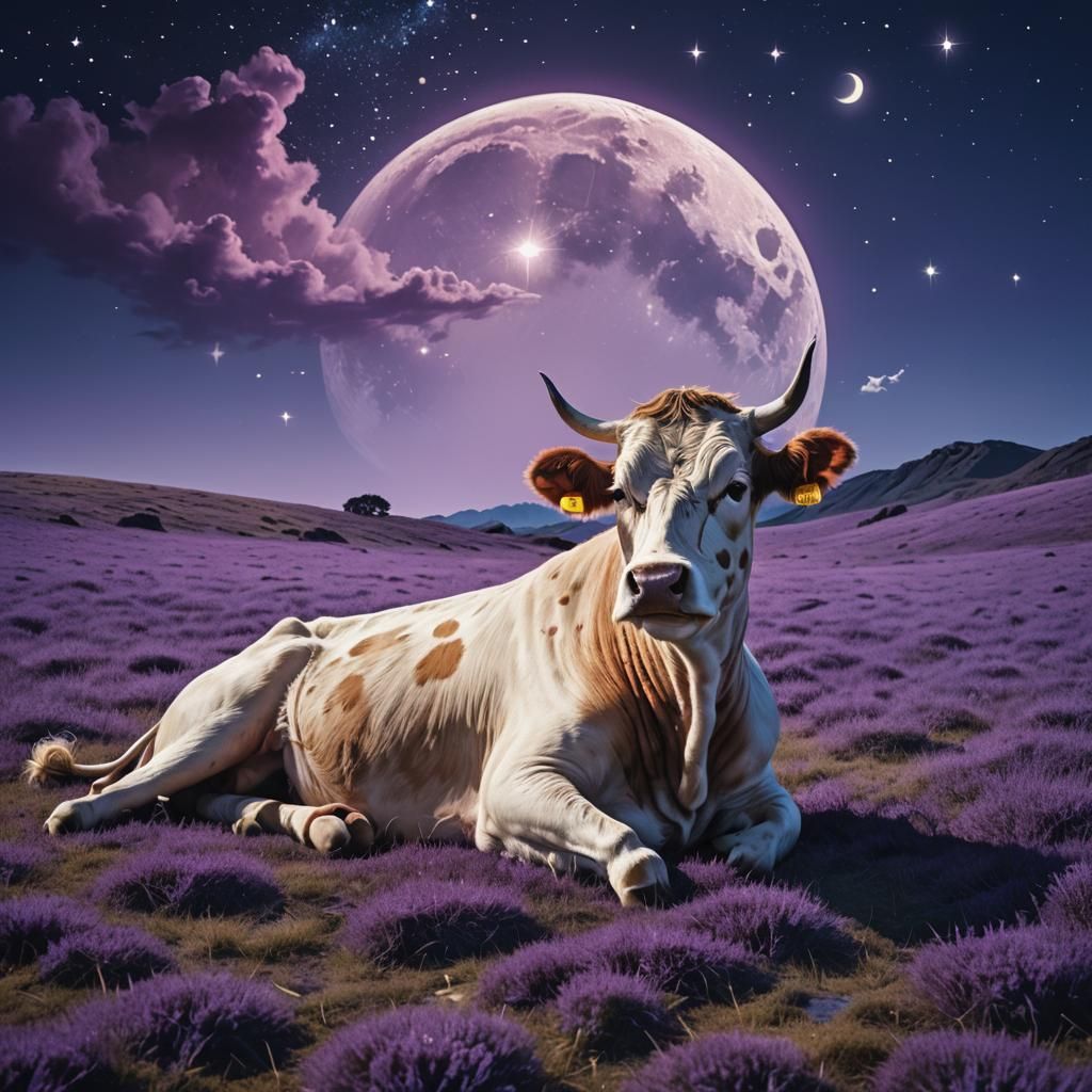 Cow Sleeping on Moon in Surrealist Style