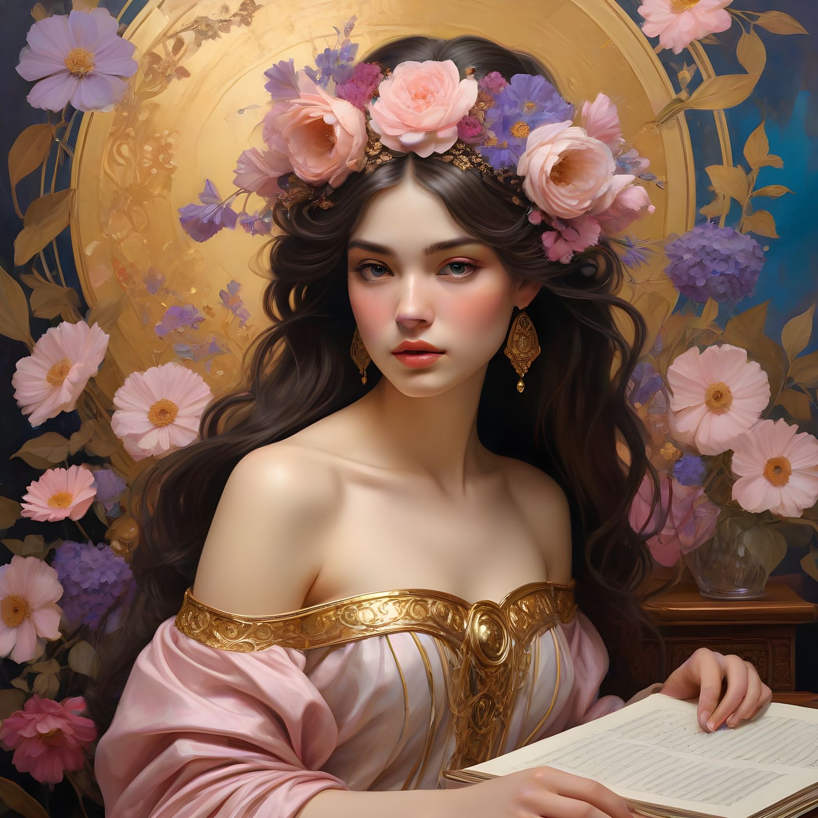 Woman in Cozy Study with Floral Motifs