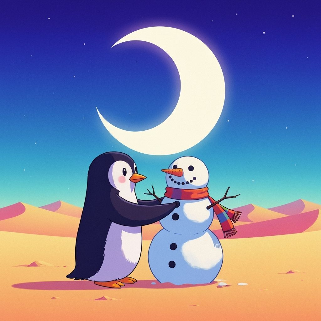 Cartoon Penguin Builds Snowman in Surreal Desert Landscape