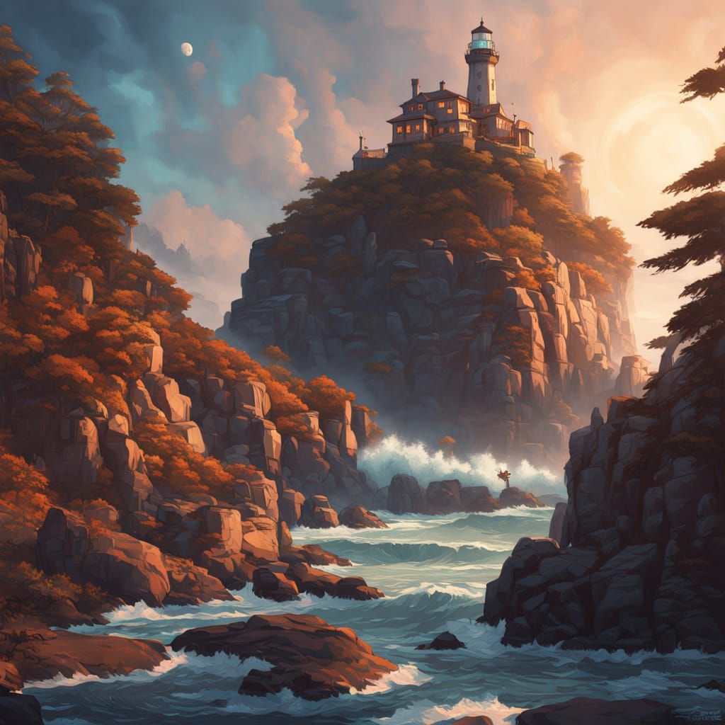 Ethereal Lighthouse on Dark Coastline