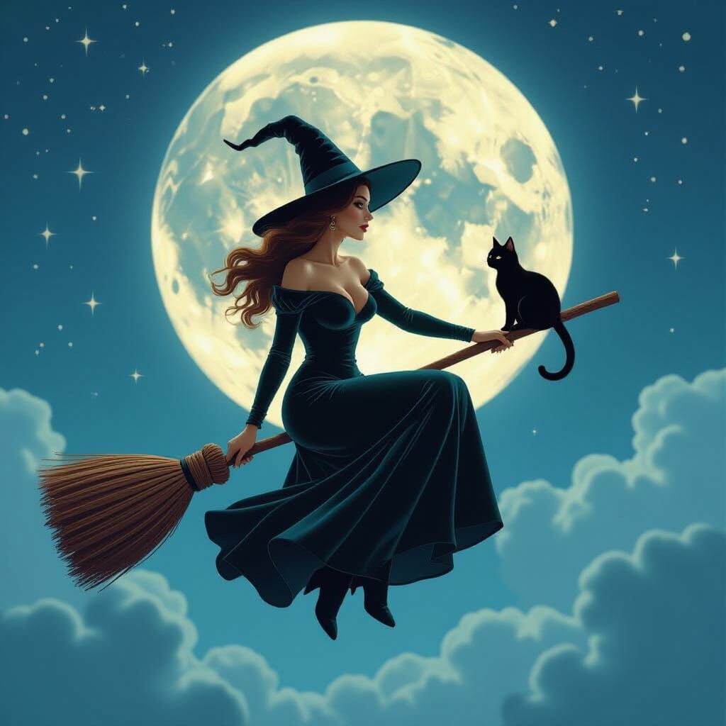 Curvaceous Witch Flying by Full Moon