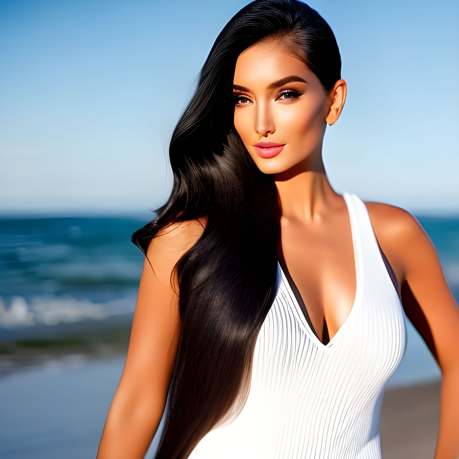 Gorgeous Black-Haired Supermodel Beach Pose in 8K