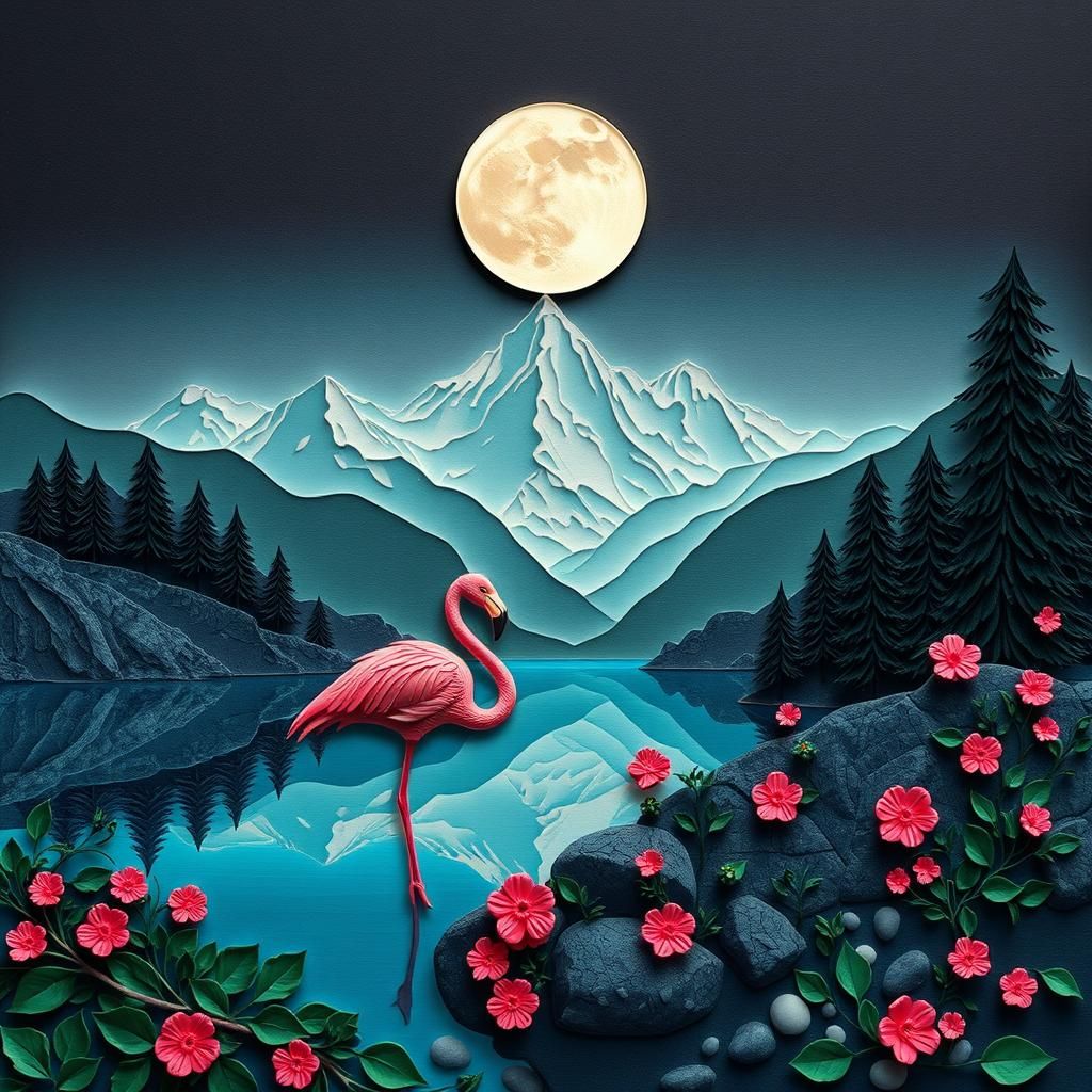 Paper Quilling Flamingo on Moonlit Mountain Lake