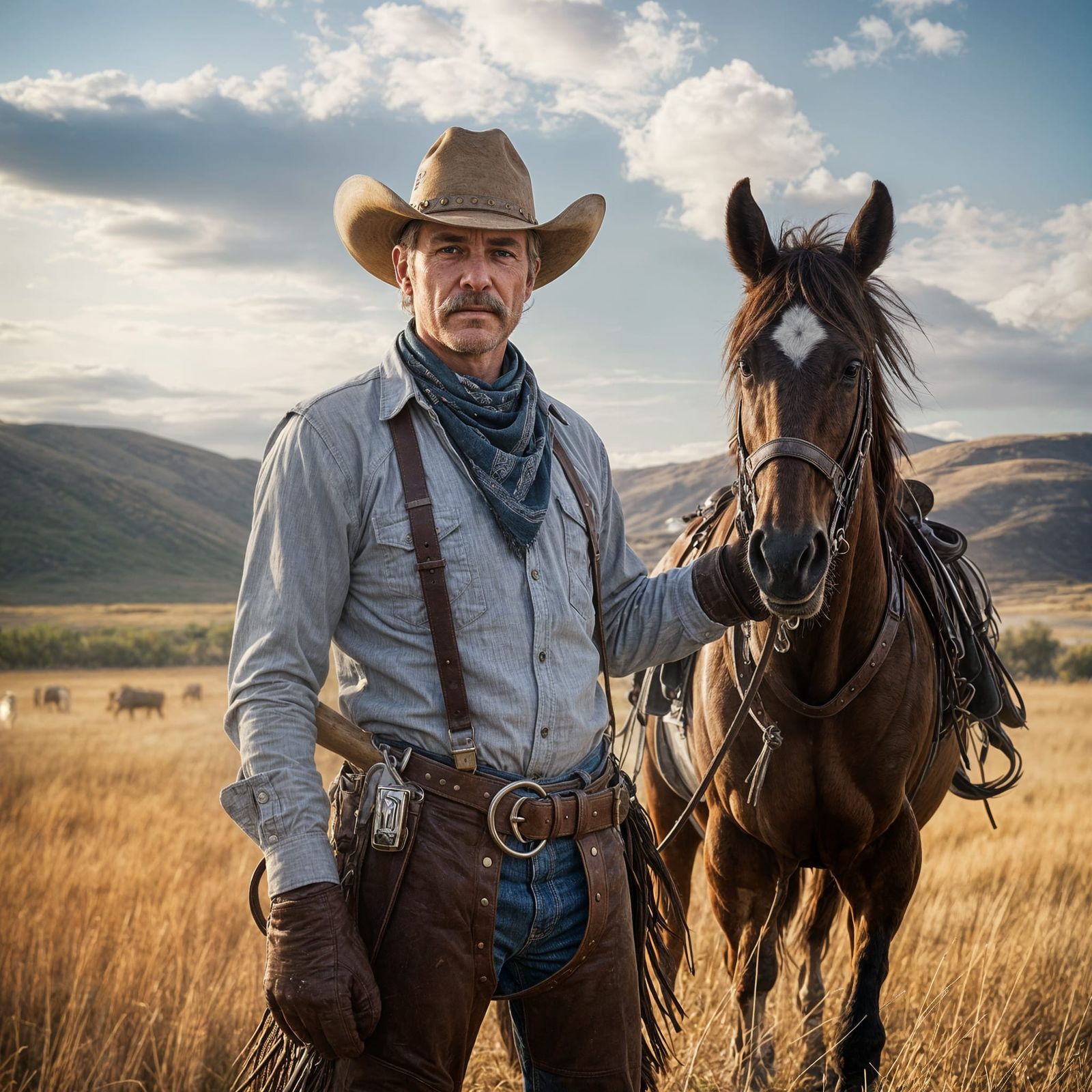 Rugged Cowboy with Horse in Dry Field at Sunrise