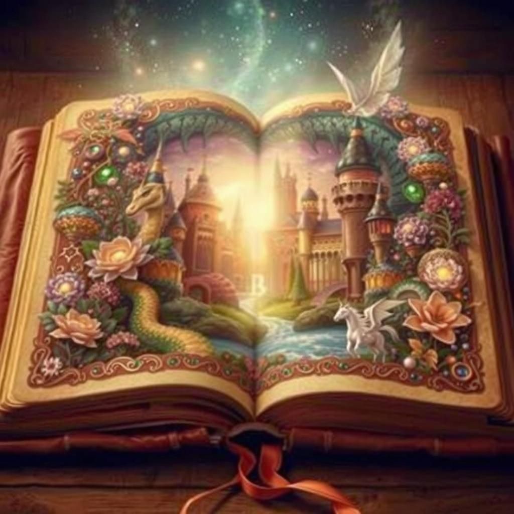 Enchanted World Unfolds from Book, Fantasy Illustration