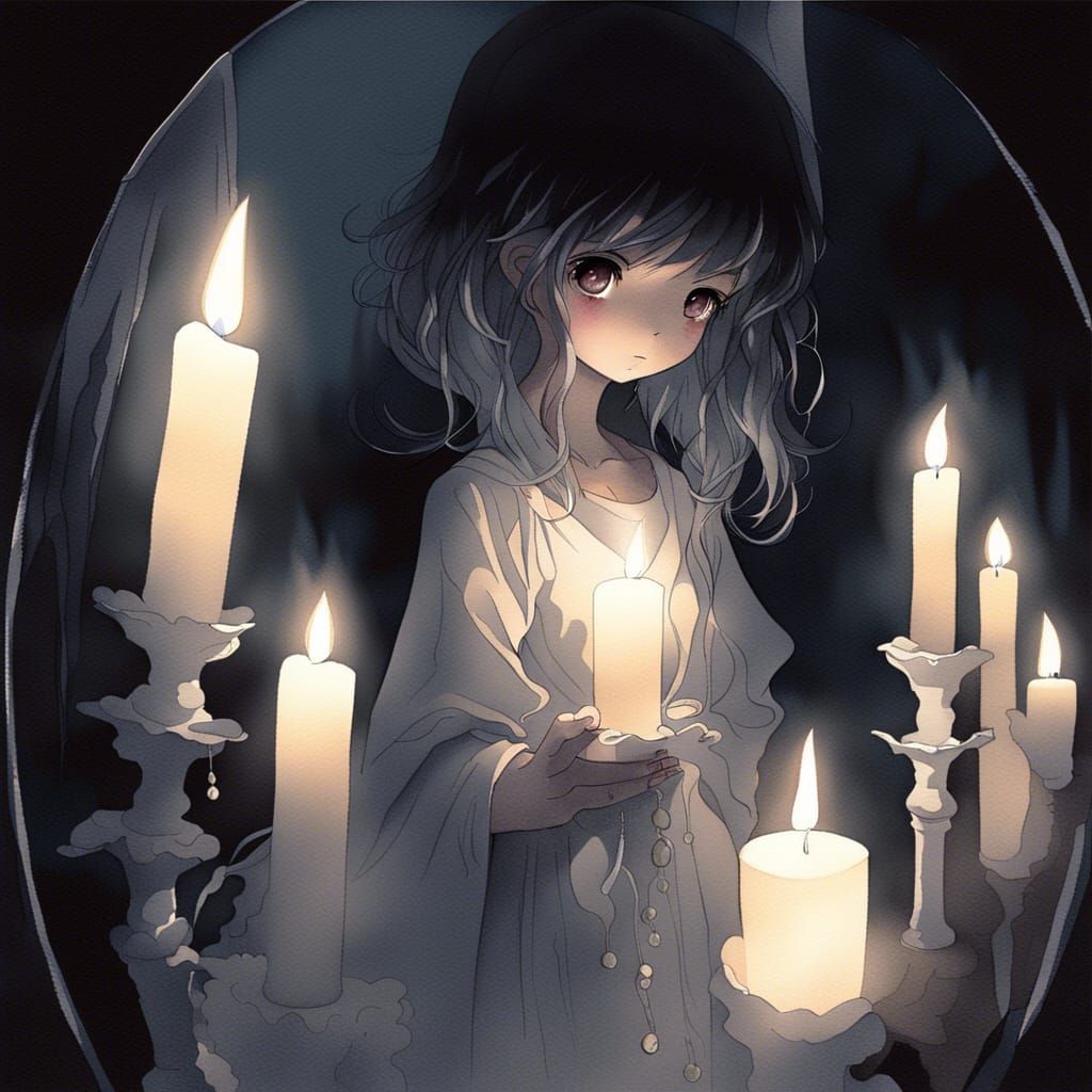 Ghost Girl with Candle Reflected in Anime Watercolor