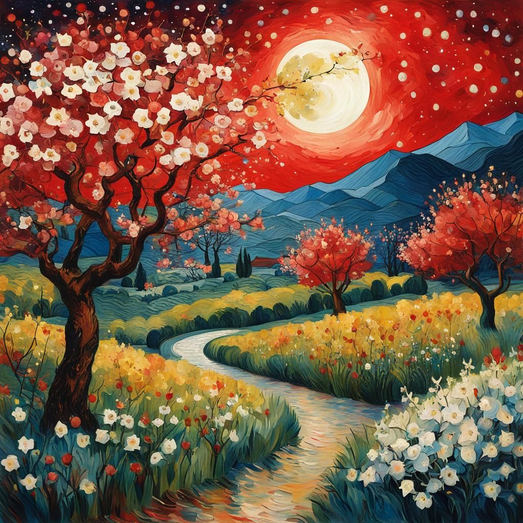 Peach Orchard Under Starry Night Sky