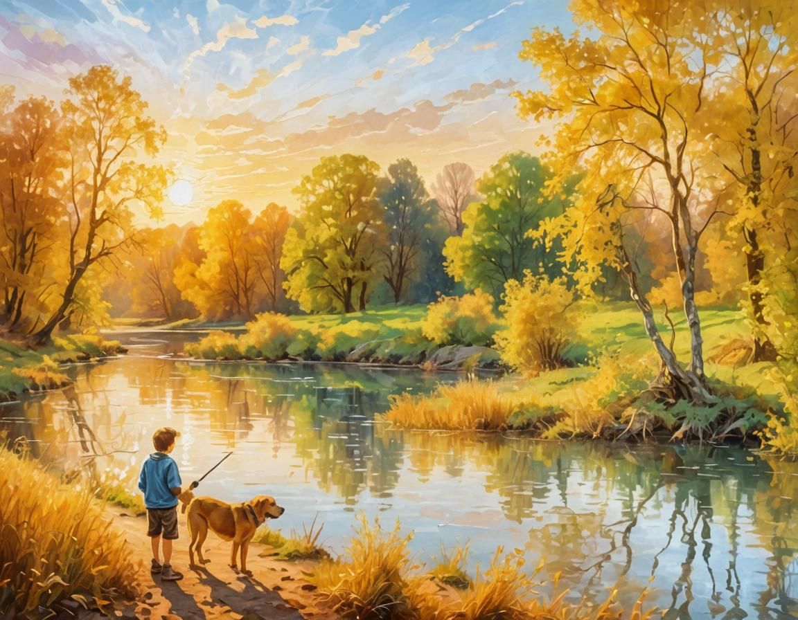 Boy and Dog in Surreal Oil Painting Landscape