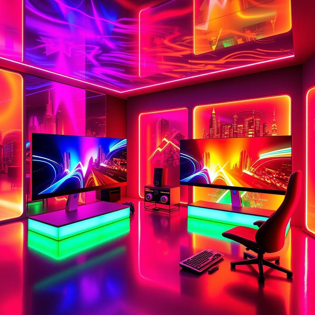 Surreal Futuristic Gaming Lair with Neon Accents