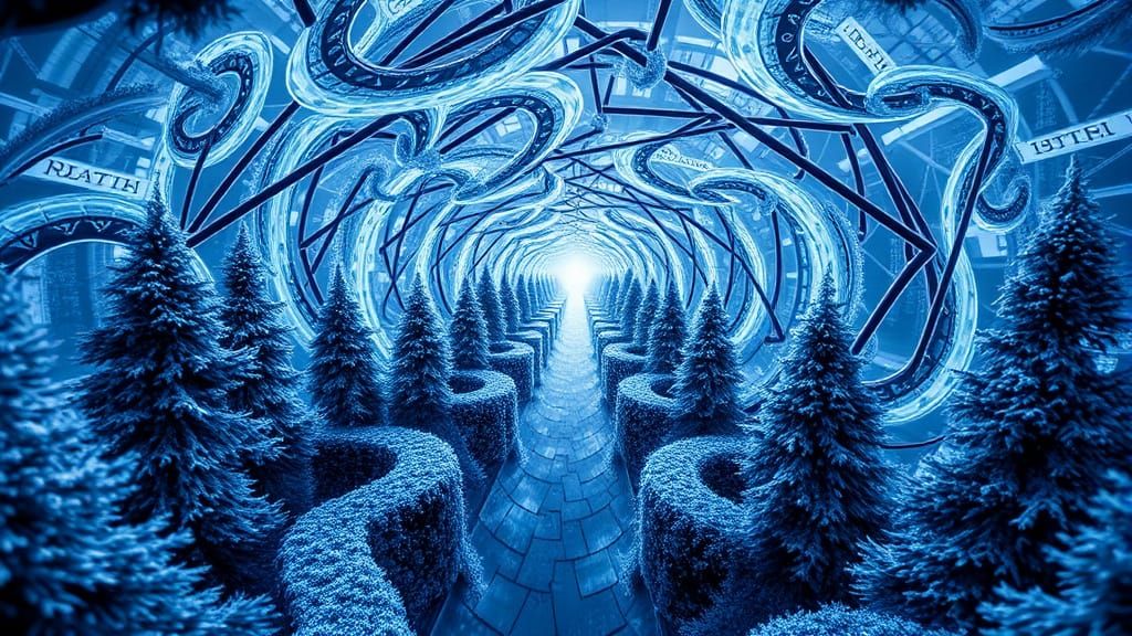 Neon Fractal Maze in Cypress Forest: Hyperrealistic Art
