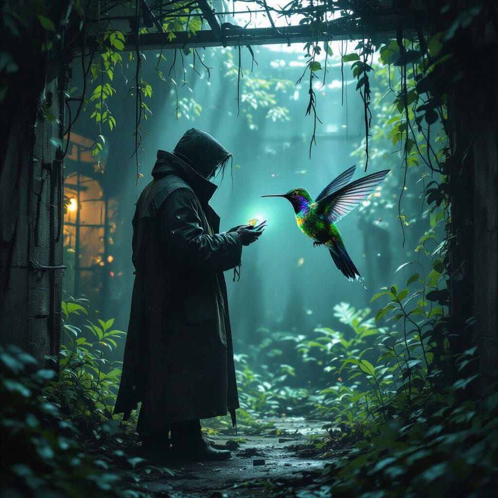 Cyberpunk Ornithologist Studies Bioluminescent Hummingbird