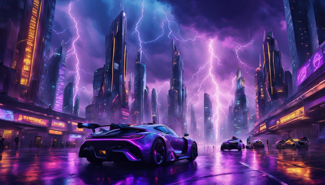 Futuristic Cityscape with Flying Cars in Oil Painting Style