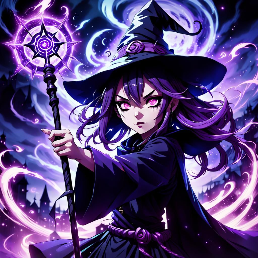 Evil Anime Witch Casting Purple Spell in Gothic Style