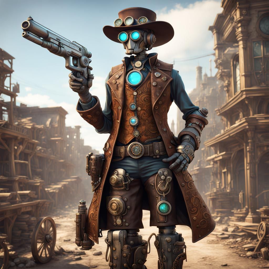 Steampunk Robot Concept Art in Cowboy Gear