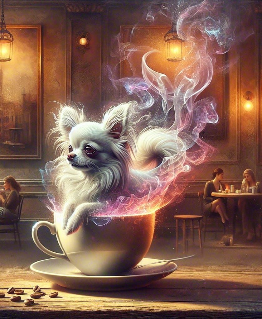 Chihuahua Steam Sculpture in Coffee Cup, Matte Painting