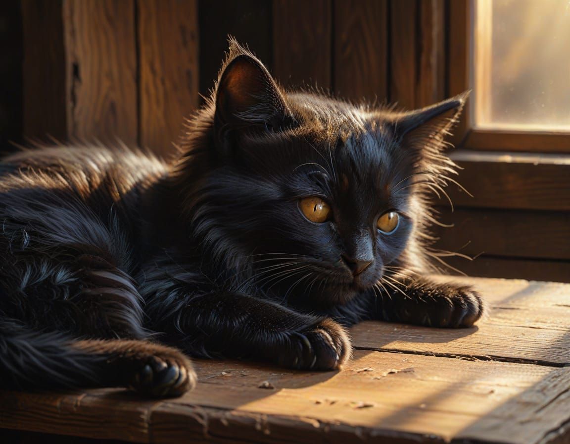 Black Kitten Sleeping in Golden Hour Light, Dutch Masters St...