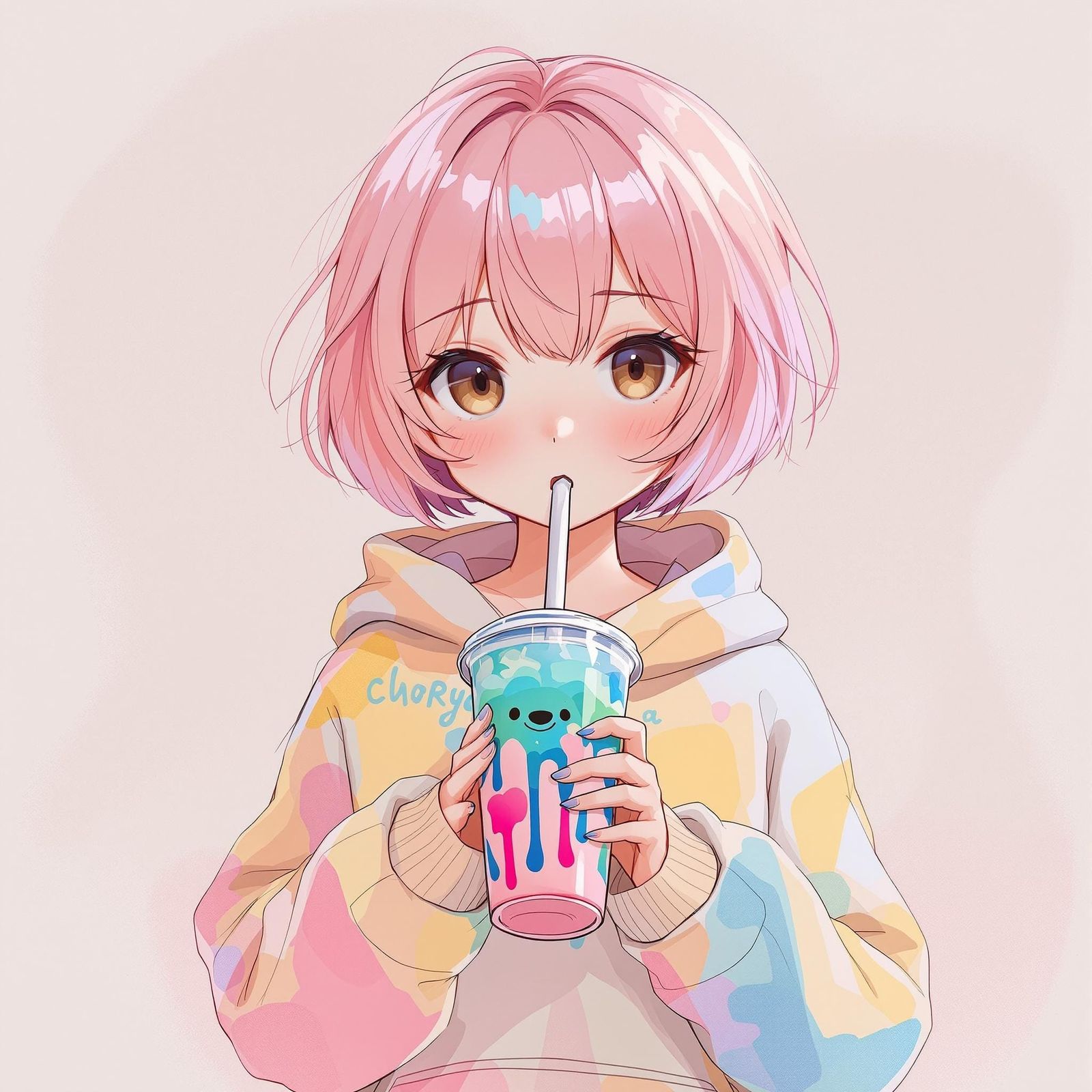 Adorable Anime Girl in Oversized Hoodie Drinks Bubble Tea