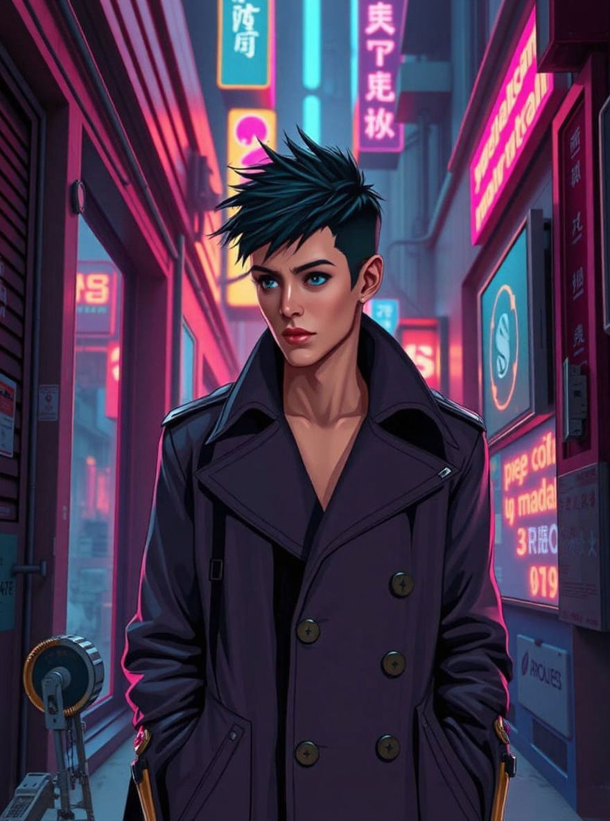 Cyberpunk Detective in Neon Alley: Anime Splash Art
