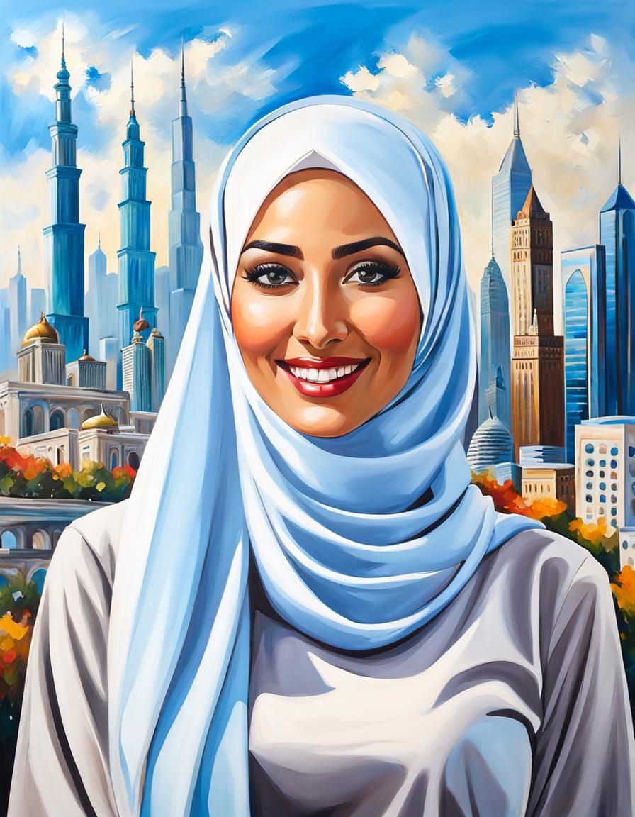 Elegant Hijabi Woman Smiling in Modern City Oil Painting