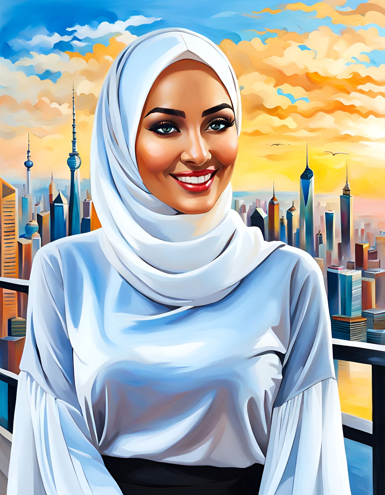 Elegant Hijabi Woman Smiling in Cityscape Oil Painting