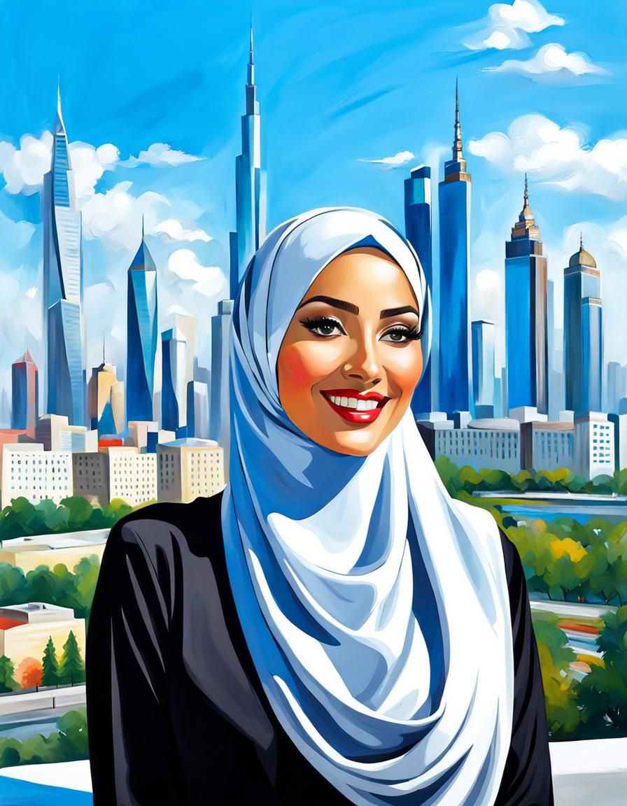 Elegant Hijabi Woman in Modern City Oil Painting