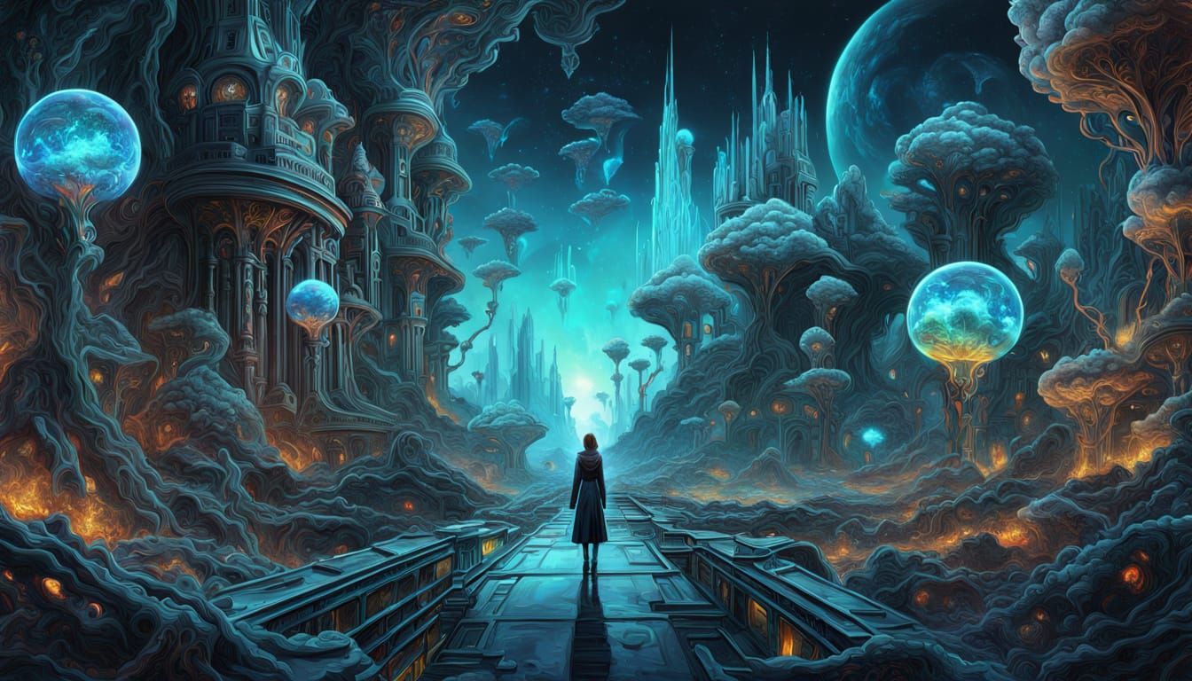 Cybernetic Woman in Geode City: Cosmic Surrealism