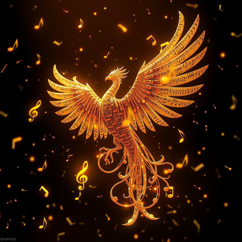 Golden Phoenix of Musical Notes in Honeypunk Style