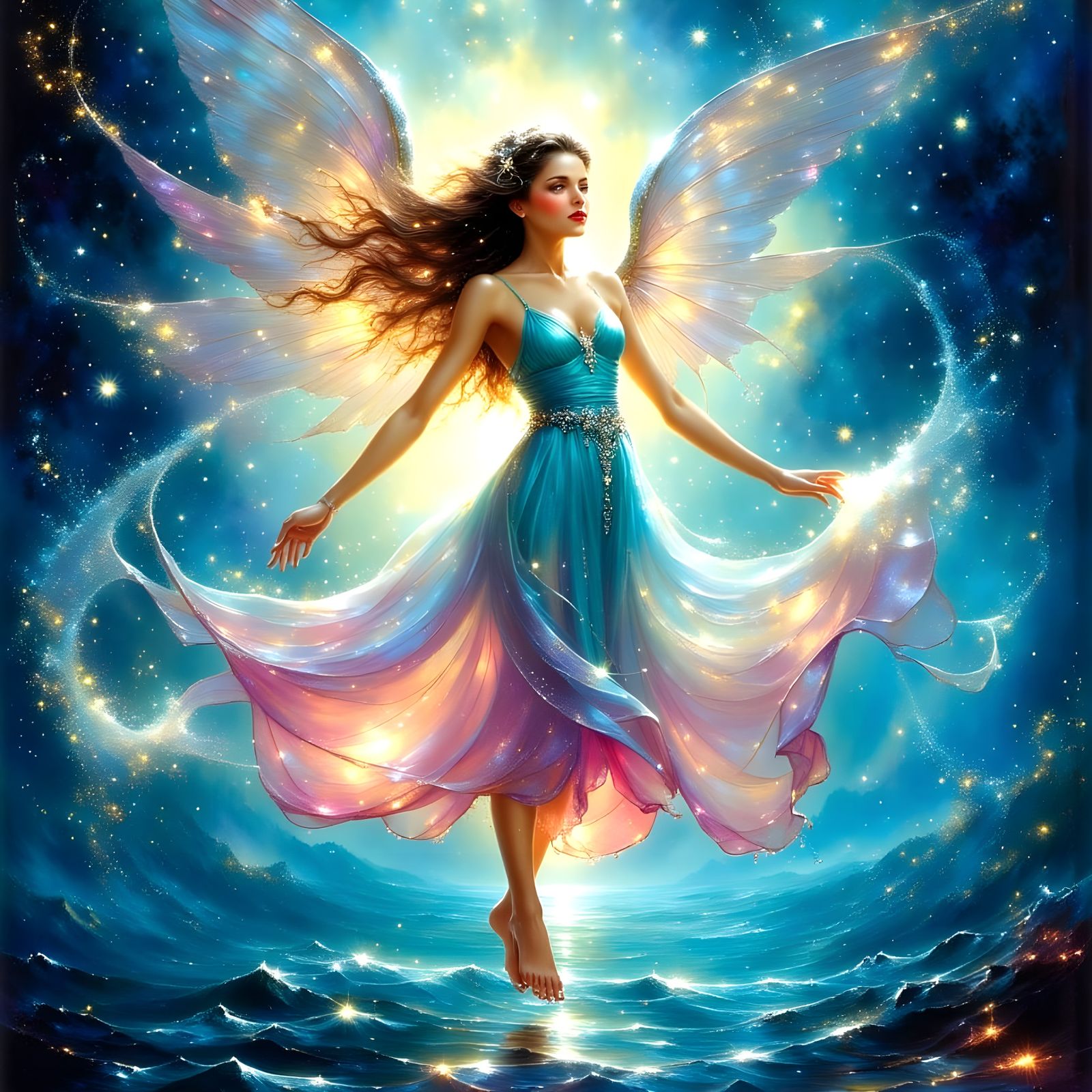 Ethereal Angel of Light Descends over Ocean Twilight