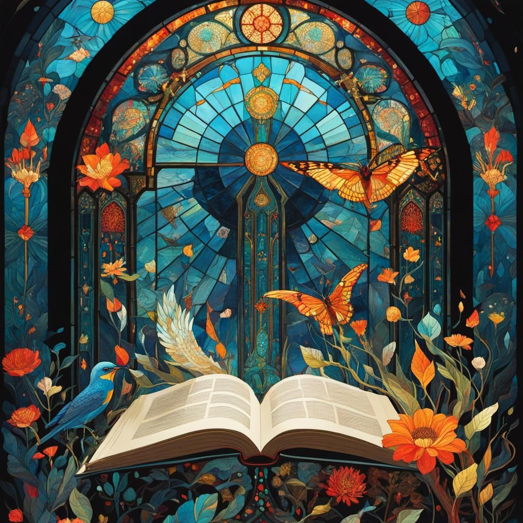 Stained Glass Book of Life: Surreal Illustration